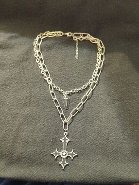 Silver Tone Layered Black Cross And Coffin Chain Pendant Statement Necklace